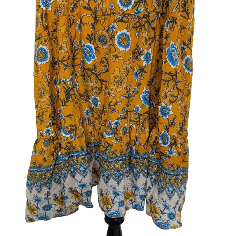 Umgee Floral Dress Womens Size Large Yellow Flutter Sleeve Contrast Hem Pullover - Picture 3 of 10